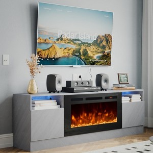 AOXUN 70" Wood Texture Fireplace TV Stand with 36" Electric Fireplace, LED Light Entertainment Center, Storage Cabinet for TVs Up to 80", Grey - 1 of 4