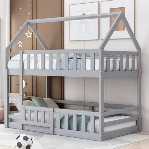 Whisen Wood Twin over Twin House-Shaped Bunk Bed with Fence with Door and Ladder - image 1 of 4