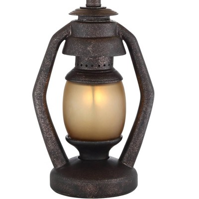Rustic Bronze Lantern Table Lamps Set with Beige Fabric Shades