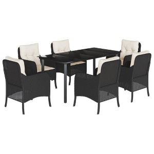 vidaXL 7 Piece Patio Dining Set - Black PE Rattan - Tempered Glass Table, Cushioned Seats - Garden/Backyard/Patio Furniture - 1 of 4