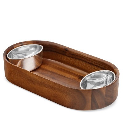 Nambe Oblong Nest 13" Chip and Dip, Acacia Wood and Alloy Double Dip Bowls