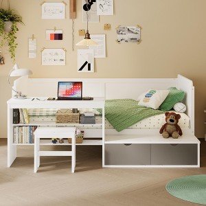 Twin Size Wooden Daybed with Storage Shelves and Lockers, Multi-Functional Bed with Study Desk and Matching Stool - ModernLuxe - 1 of 4