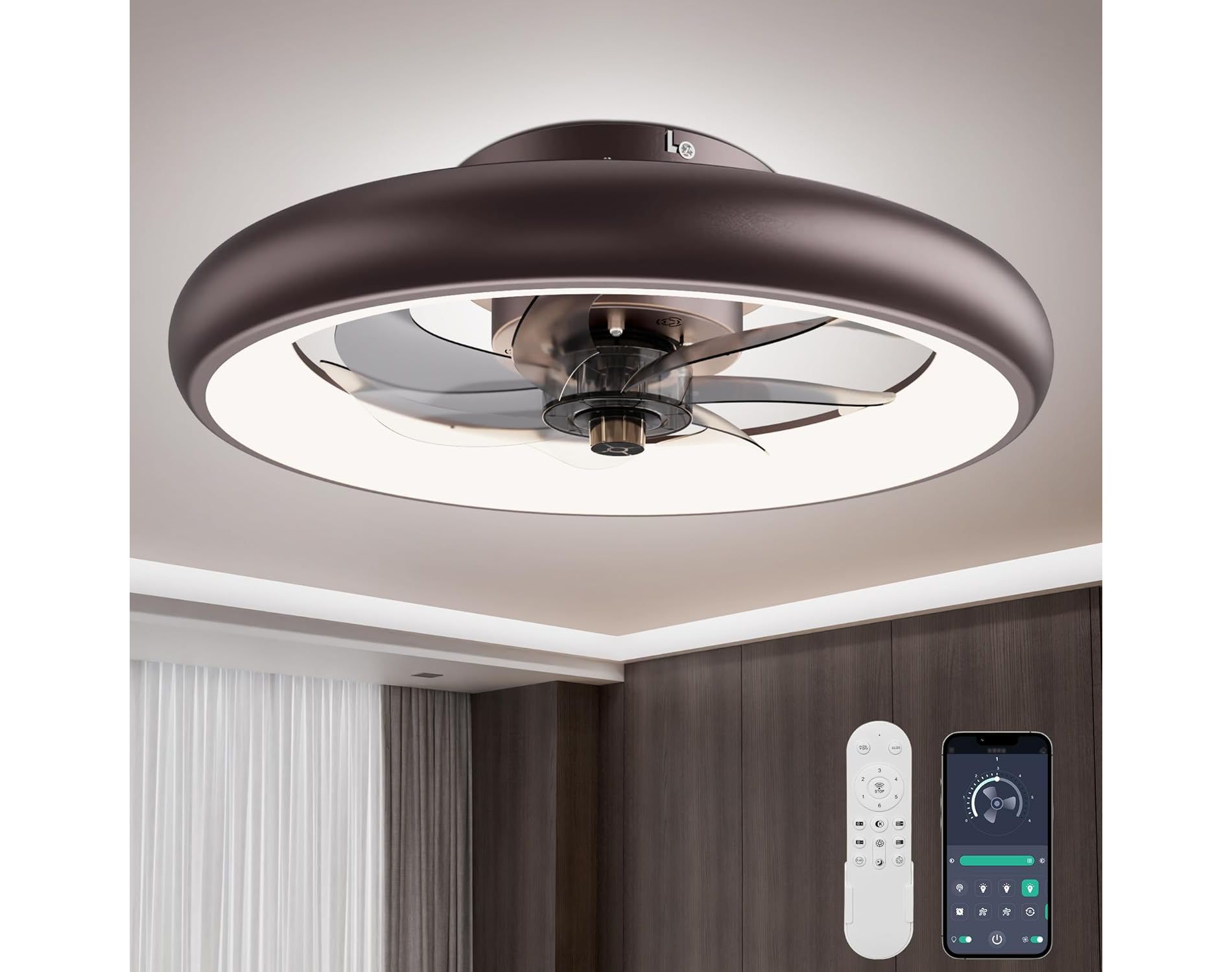Vipbear 20" Flush Mount Ceiling Fan with Light & Remote/APP Control | Modern Low-Profile Design for Indoor Spaces,Brown