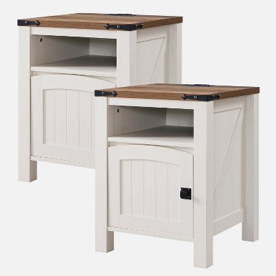 SinCiDo Farmhouse Nightstand Set of 2 w/Charging Station, 18" Rustic Wood End Tables w/Adjustable Shelves, Side Table for Bedroom, Antique White