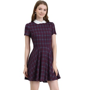 Allegra K Women's Plaid Grid Peter Pan Collar Contrast A-line Dresses - 1 of 4