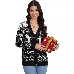Clearlove Women's Reindeer Print Button Front Cardigan Ribbed Knit Long Sleeve Christmas Cozy Holiday Sweater - 1 of 4