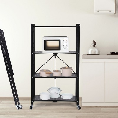 4-Tier Heavy Duty Foldable Metal Rack Storage Shelving Unit with Wheels Moving27.95 x 14.96 x 49.61 （Black）