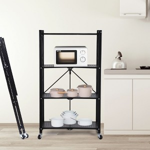 4-Tier Heavy Duty Foldable Metal Rack Storage Shelving Unit with Wheels Moving27.95 x 14.96 x 49.61 （Black） - 1 of 4