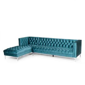 Tignall Contemporary Tufted Velvet Chaise Sectional Teal/Silver - Christopher Knight Home