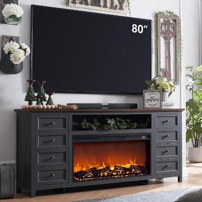 70 Inch Farmhouse Fireplace TV Stand with 36" Electric Fireplace for 80 Inch TVs, Entertainment Center with 8 Drawer