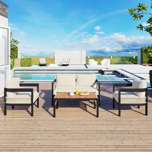 Multi-person Outdoor Iron Sofa Set with A table, Rattan Decoration, Waterproof, Rust-proof, Suitable for Garden, Lawn Use - 1 of 4
