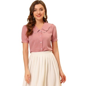 INSPIRE CHIC Women's Vintage Polka Dots Peter Pan Collar Puff Short Sleeve Shirt - 1 of 4