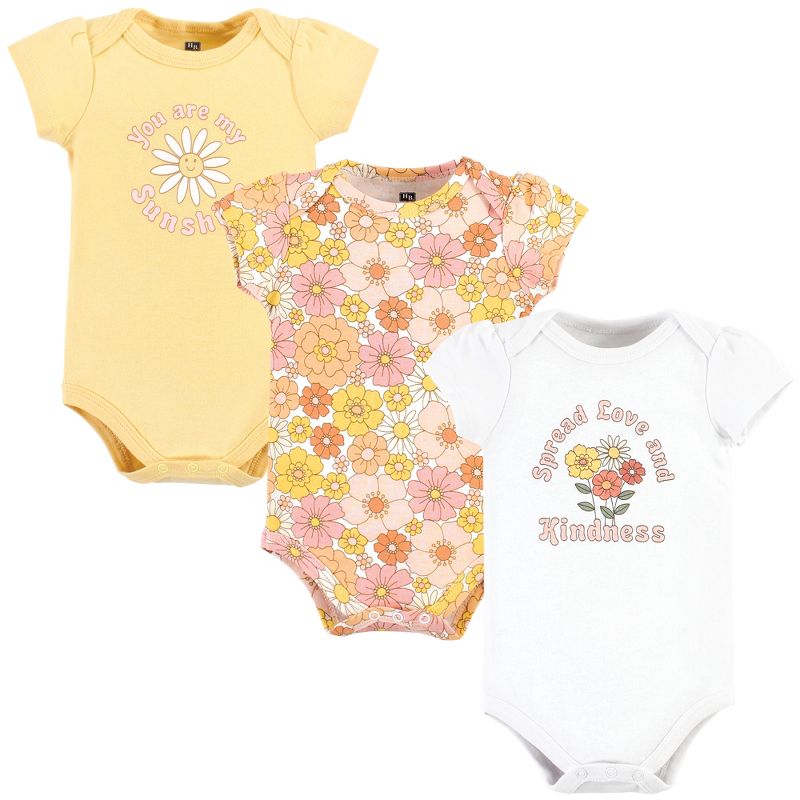 Hudson Baby Infant Girl Cotton Bodysuits, Peace Love Flowers, 1 of 6
