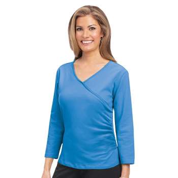 Collections Etc Side Shirred 3/4 Sleeve Surplice Top with V-Neckline
