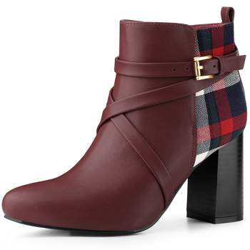 Allegra K Women's Plaid Pointed Toe Crisscross Strap Block Heels Ankle Boots