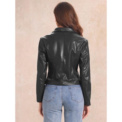 Allegra K Women's Faux Leather Motorcycle Vintage Cropped Blazer Jackets X-Small Black — фото 4