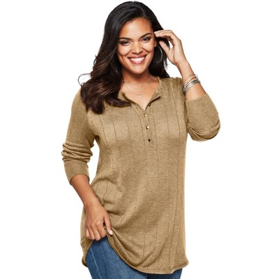 Roaman's Women's Plus Size Fine Gauge Drop Needle Henley Sweater