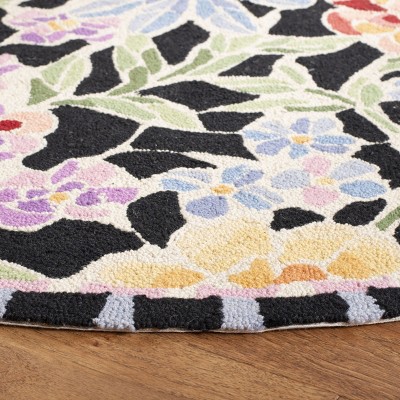Endika Black Floral Hand-Knotted Wool Round Area Rug