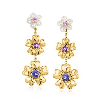Ross-Simons Mother-Of-Pearl and .20 ct. t.w. Multi-Gemstone Flower Drop Earrings in 18kt Gold Over Sterling