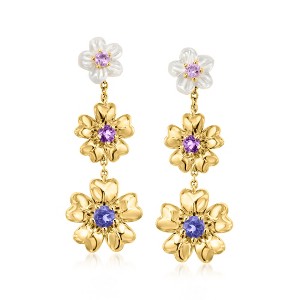 Ross-Simons Mother-Of-Pearl and .20 ct. t.w. Multi-Gemstone Flower Drop Earrings in 18kt Gold Over Sterling - 1 of 3