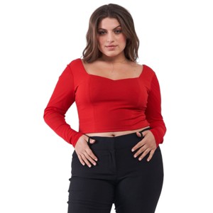 Slickblue Plus Size Structured Crop Top, Sweetheart Neckline & Mesh Sleeves, Modern Style, Crimson Red, 1XL - 1 of 4