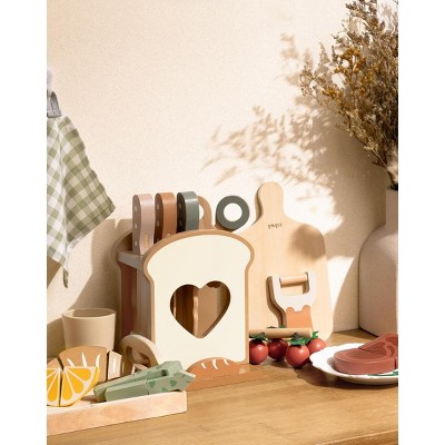ROBOTIME Play Food And Toy Kitchens Wooden Play Food Kitchen Set, Toddler Cutting Practice Pretend Cooking Gift, Multicolored, 7.09"*8.86"*8.86"
