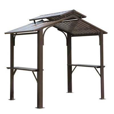 Gloweer Hardtop Grill Gazebo, Outdoor BBQ Gazebo w/Galvanized Steel Double Roof, Permanent Sun Shade Grill Canopy Shelter