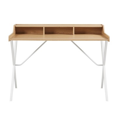 Blonde Wood and White Metal Writing Desk with Storage