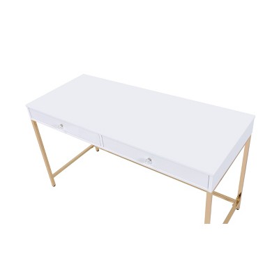 Contemporary White High Gloss 52" Office Desk with Gold Accents