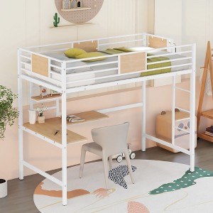 PAGED Simple Metal Loft Bed Bunk Bed with Desk, Twin Size Bed Frame with Storage Shelves, Ladder and Guardrail for Kids, Teens, Adults - 1 of 4