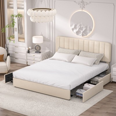 VECELO Upholstered Bed Frame with 1/4 Drawers and Adjustable Headboard, Twin/Full/Queen/King Platform Bed