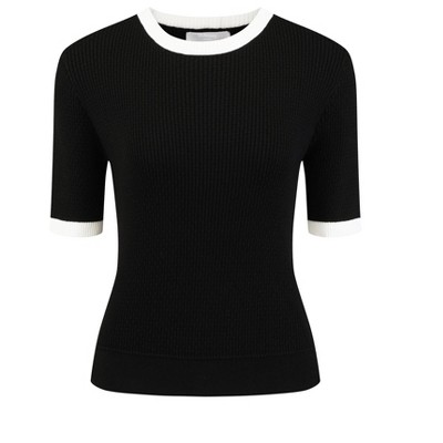 Hobemty Women's Crew Neck Contrast Color Short Sleeve Pullover Fitted Knit Top