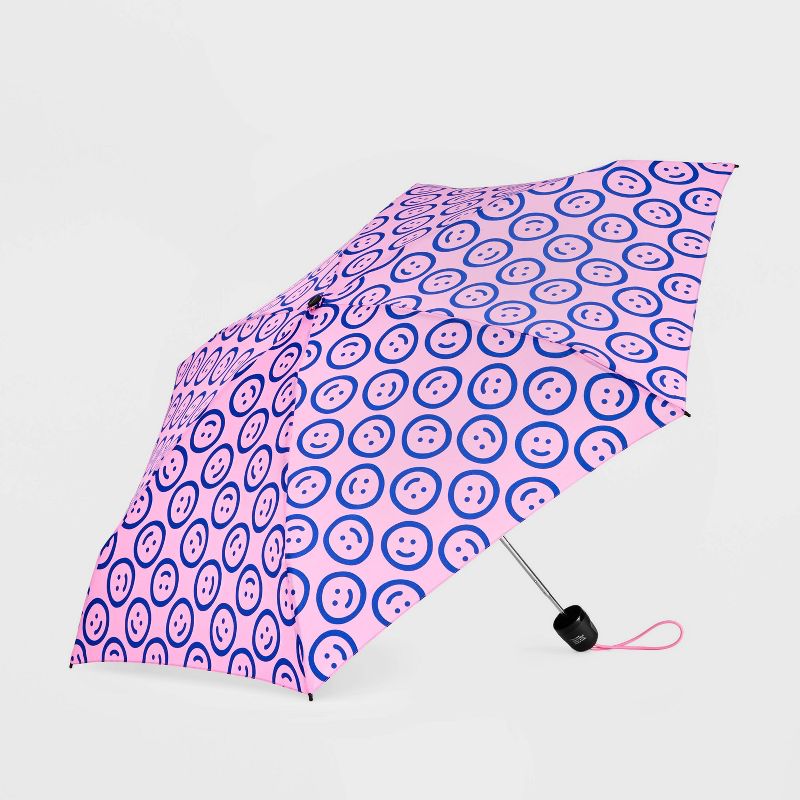 ShedRain Mini Manual Compact Umbrella - Pink/Blue Smiley, 1 of 5
