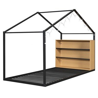 TiramisuBest Twin Size Metal Bed House Bed Frame with Shelves and Lights - Black Metal Design