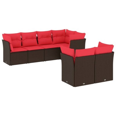 vidaXL 7 Piece Patio Sofa Set with Cushions Brown and Red Poly Rattan