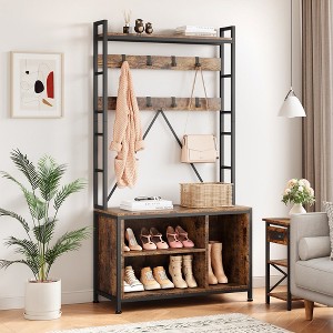Garvee Hall Tree with Bench Coat Rack Freestanding 5 in 1 Industrial Shoe Bench with 3 Storage Cubbies and 8 Hooks Entryway Coat Rack, Brown - 1 of 4