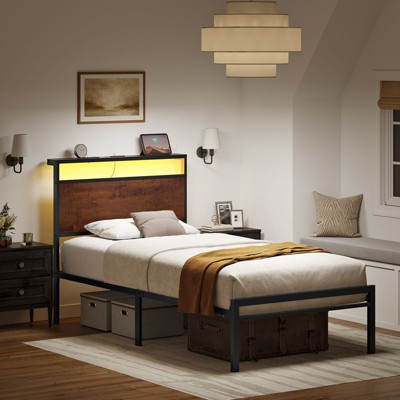 Hausource Industrial Twin Size Bed Frame with Storage LED Headboard, Charging Station, No Box Spring Needed