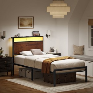 Hausource Industrial Twin Size Bed Frame with Storage LED Headboard, Charging Station, No Box Spring Needed - 1 of 4