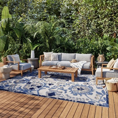 Blue and Grey Floral Flat Woven 9' x 12' Synthetic Area Rug