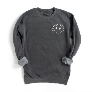 Simply Sage Market Women's  Garment Dyed Graphic Sweatshirt Embroidered Choose Happy Lightning Smiley Face - 1 of 3