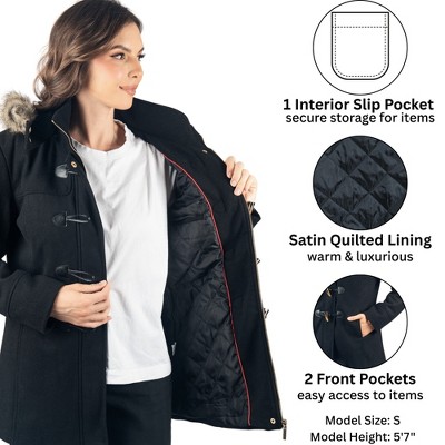 Alpine Swiss Duffy Womens Wool Blend Toggle Coat Removable Faux Fur Hood Classic Duffle Overcoat Warm Winter Jacket BLK M — фото 4