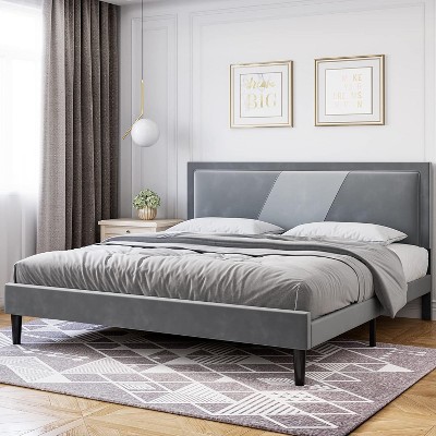 Queen Upholstered Bed Frame with Wingback Headboard, Luxurious Velvet, Wooden Slats, Easy Assembly, Box Spring Optional, Gray