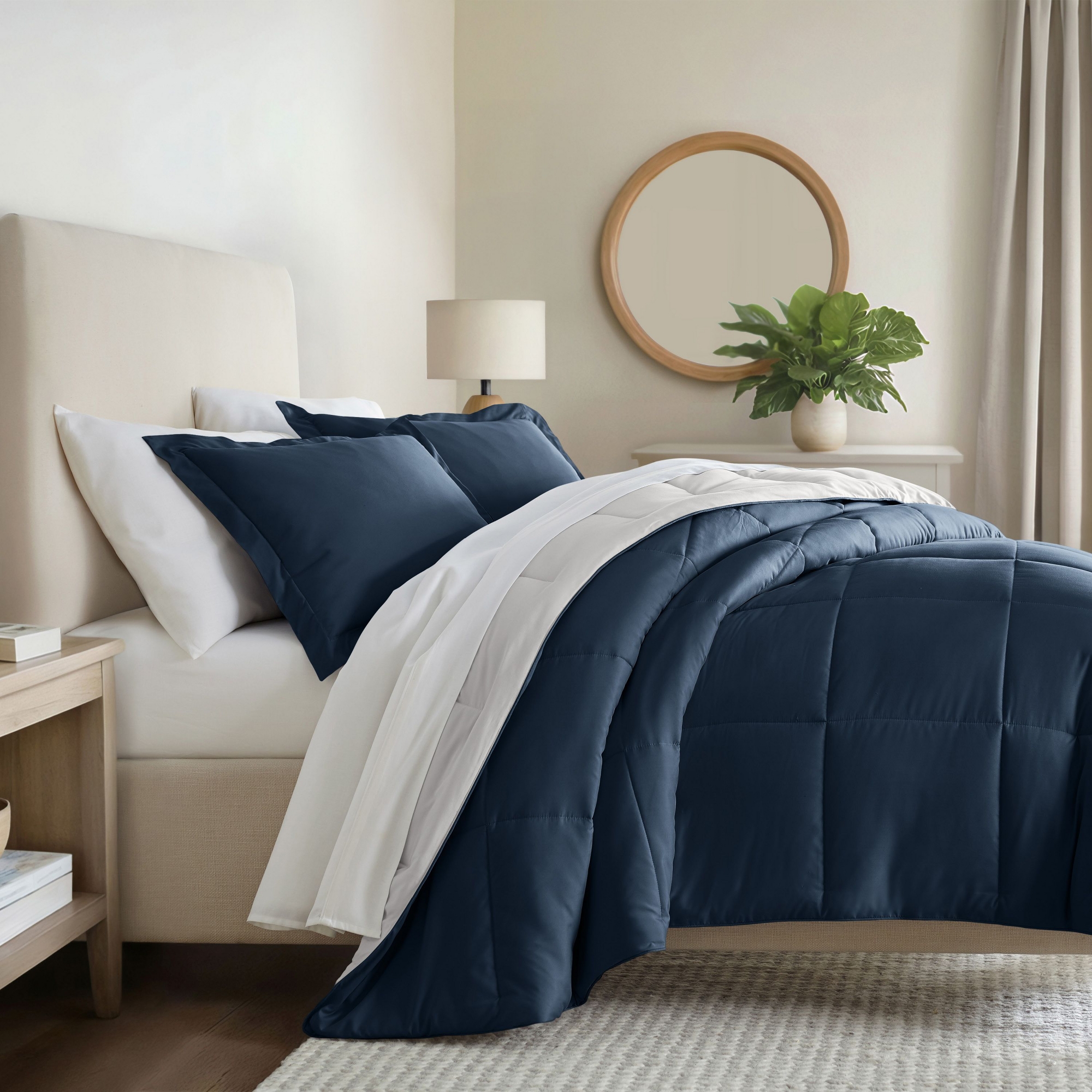 Reversible Comforter and Shams Set, Ultra Soft - Becky Cameron, Navy / Light Gray, Full/Queen