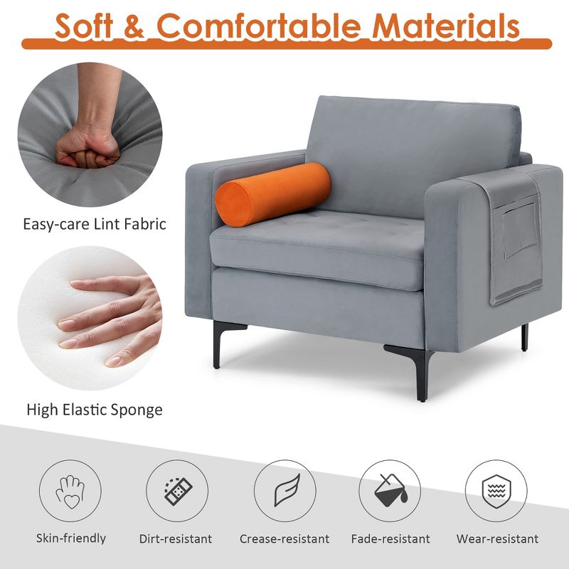 Costway Fabric Accent Armchair Single Sofa w/ Bolster & Side Storage Pocket Ash Grey, 5 of 11