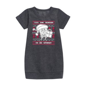 - SpongeBob SquarePants - Spongebob Xmas Sweater Graphic Short Sleeve Fleece Dress - 1 of 4