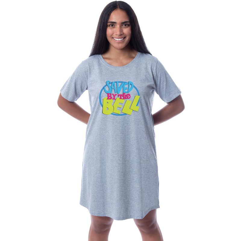 Saved By The Bell Womens' TV Series Title Logo Nightgown Sleep Pajama Shirt Grey, 1 of 4