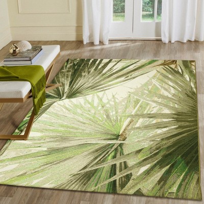 Ivory and Green Flat Woven Synthetic Palm Leaf Rug