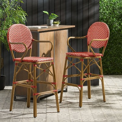 Set of 2 Outdoor Wicker and Aluminum 29.5" French Barstools,Bamboo Print Finish-Christopher Knight Home