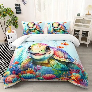 Acoinel 3 Pcs Turtle Comforter Set with 2 Pillowcases, Blue - 1 of 4