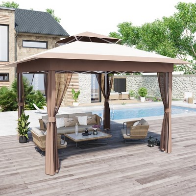 11 x 11 Feet Outdoor Gazeb with Mosquito Netting Outdoor Canopy Shelter with Double Roof